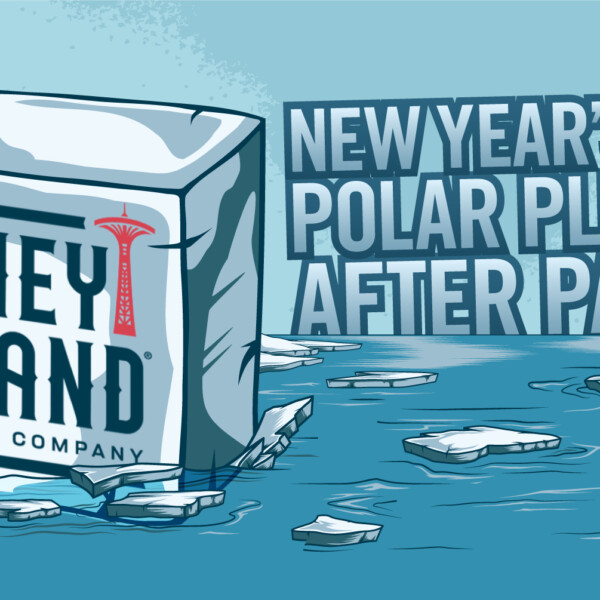 Large ice cube floating in water. Text "New Year's Day Polar Plunge After Party