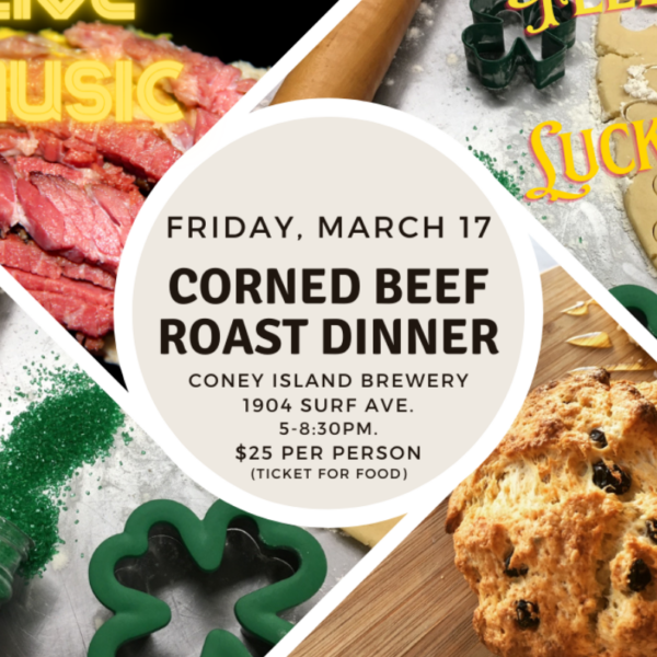 Images of corned beef roast, shamrock cookie cutter, soda bread, surrounded by shamrocks.