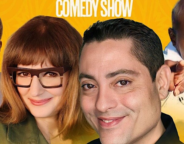 Headshots of two women and two men on a yellow background.